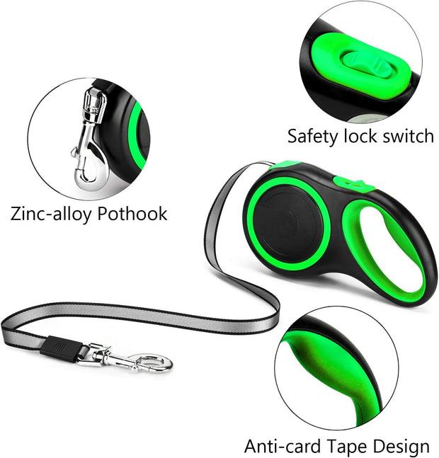 Retractable Dog Leash - Green/Black - Large Dog Size 26ft / 110 Pound