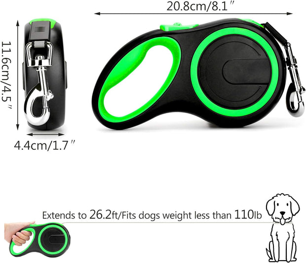 Retractable Dog Leash - Green/Black - Large Dog Size 26ft / 110 Pound